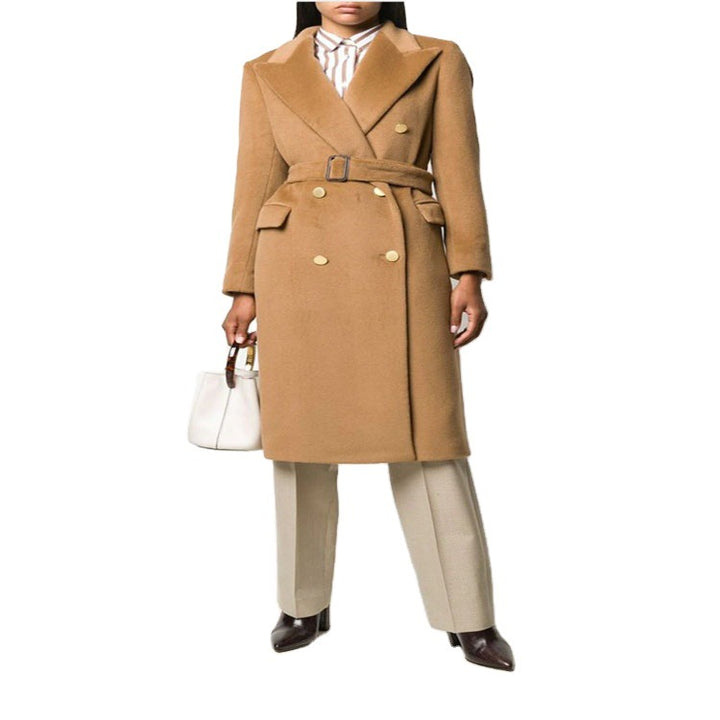 Women's mid-length noble wool blend coat in double-breasted style with contoured waist belt Mune Fashion