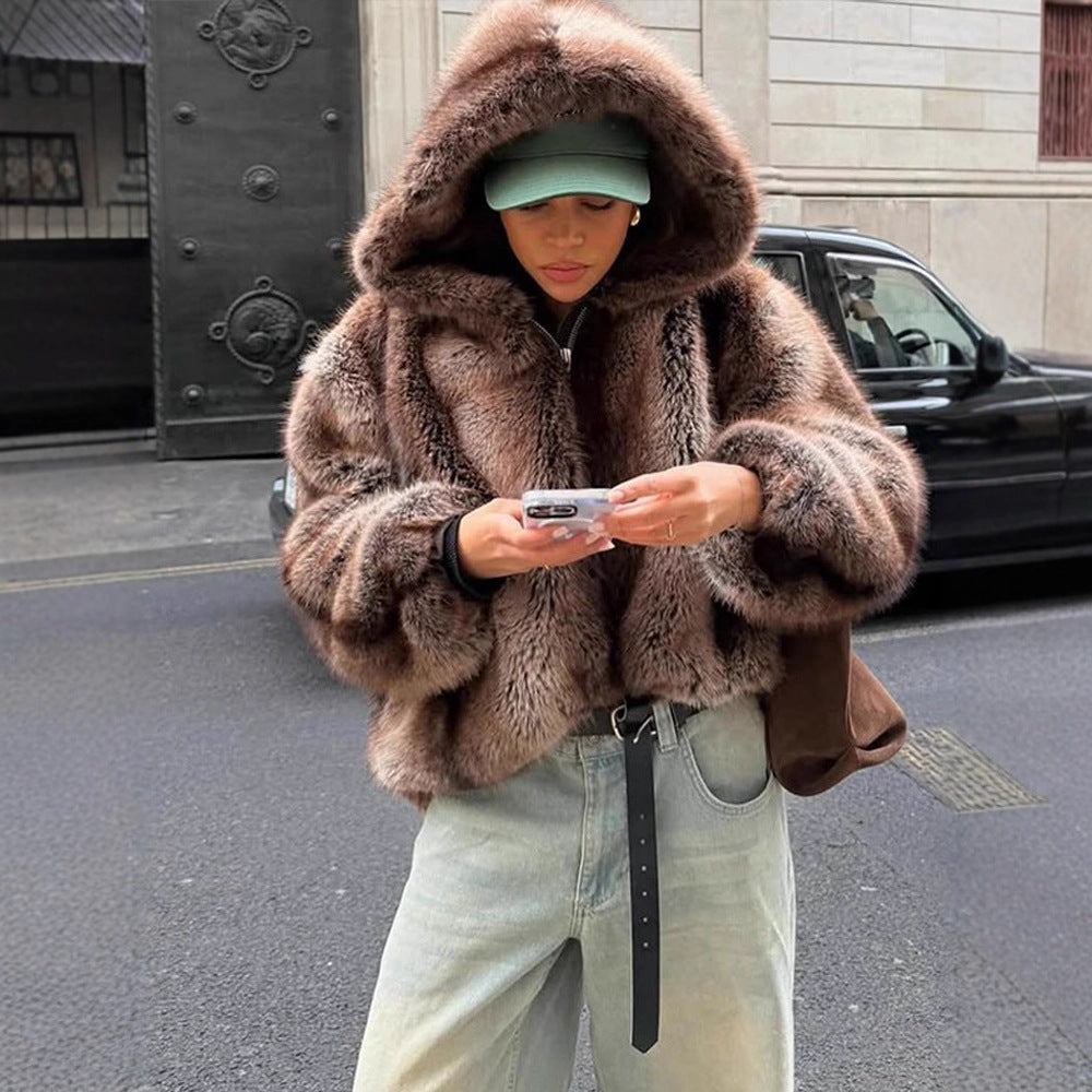 Women's Boxy Faux Fur Hoodie with Voluminous Hood and Loose Silhouette Mune Fashion