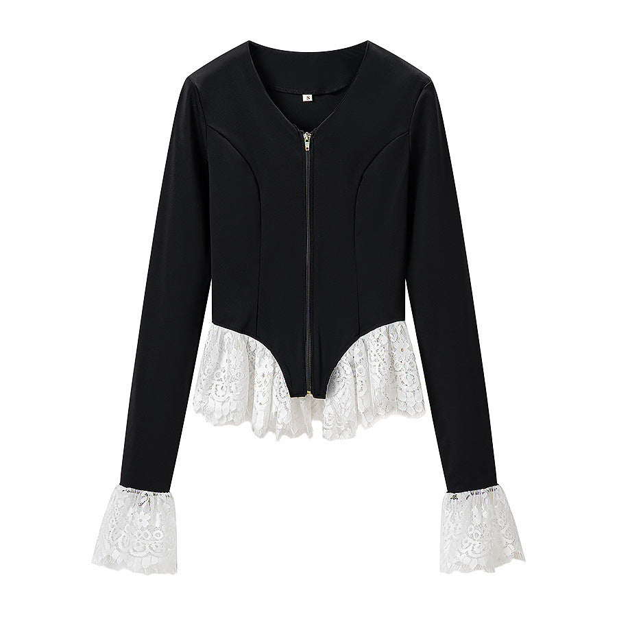 Women Tailored Short Jacket with Center Zipper and Lace Ruffles Mune Fashion