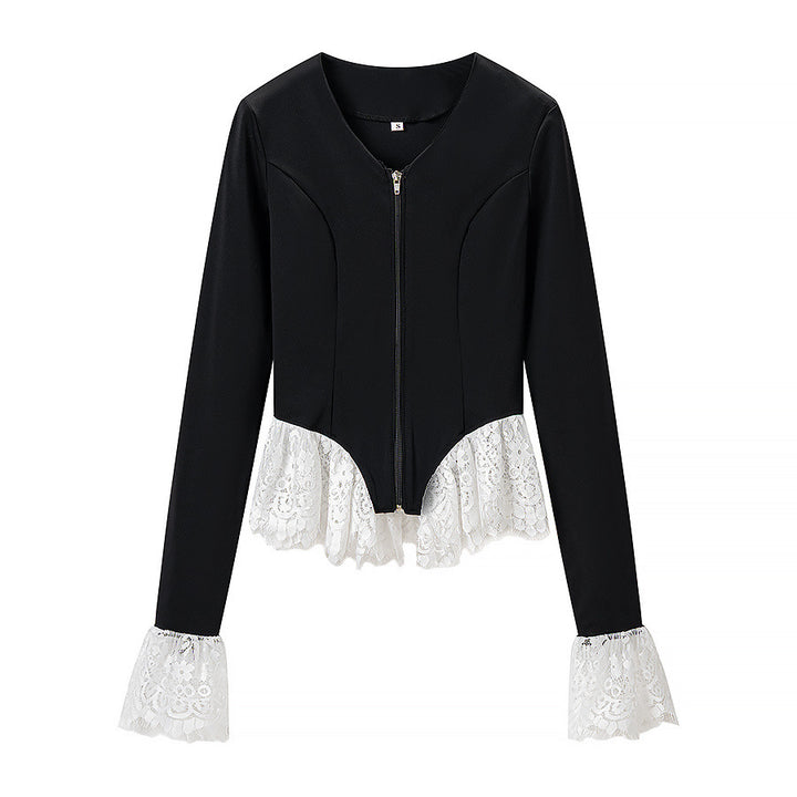 Women Tailored Short Jacket with Center Zipper and Lace Ruffles Mune Fashion