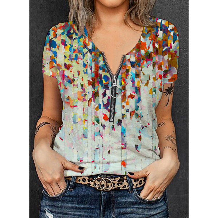 Women's Fashion T-Shirt with Zipper and Floral Design Mune Fashion