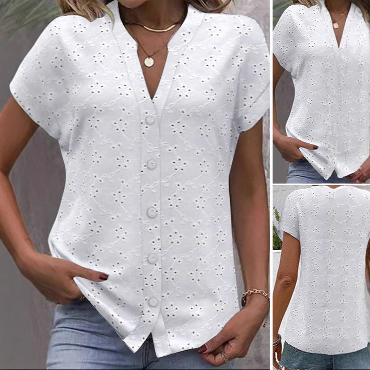 Women's light ajour lace blouse with V-neck, continuous button placket, and rolled short sleeves Mune Fashion