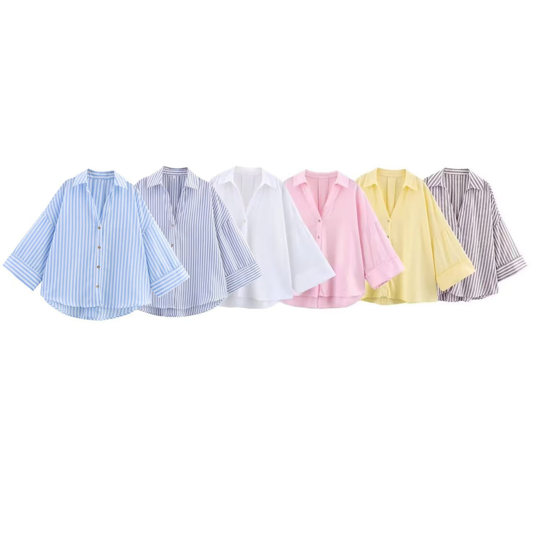 Women oversized striped shirt blouse with dropped shoulder, 3/4 sleeves and extended back hem Mune Fashion