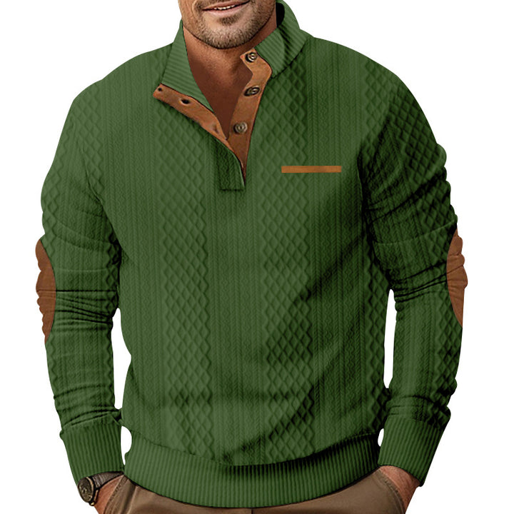 Men's Structured Cable Knit Sweatshirt with Half Button Placket, Faux Leather Patch Pocket & Elbow Patches Mune Fashion