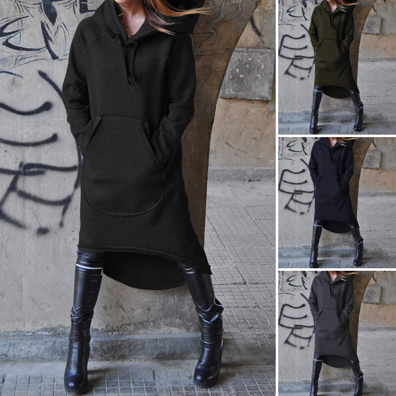 Women nan Oversize Hoodie Dress with high back hem, kangaroo pocket and casual street style cut Mune Fashion