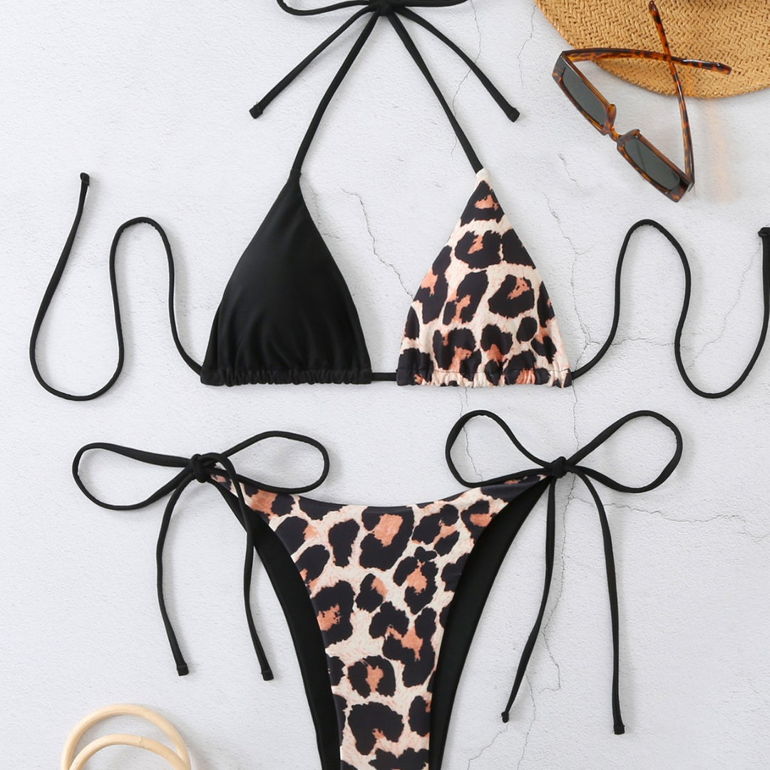 Women Triangle Bikini with modern Leo print and adjustable tie strings Mune Fashion