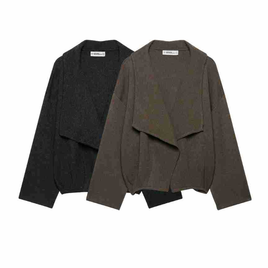 Women's short cut open wool blend cardigan with large shawl collar and boxy cropped silhouette Mune Fashion