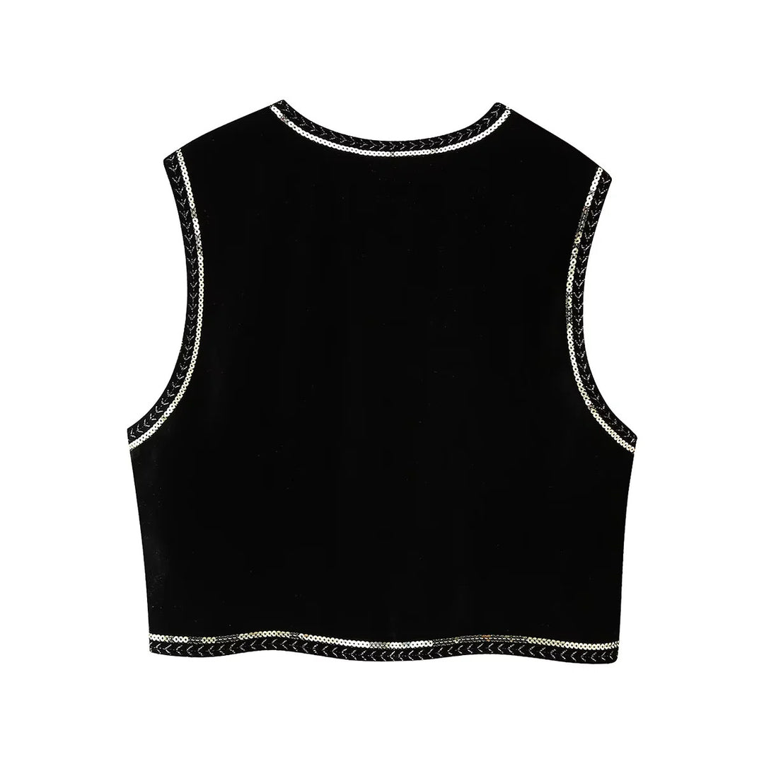 Ladies embroidered velvet vest with sequin embellishment, V-neck and tailored fit Mune Fashion