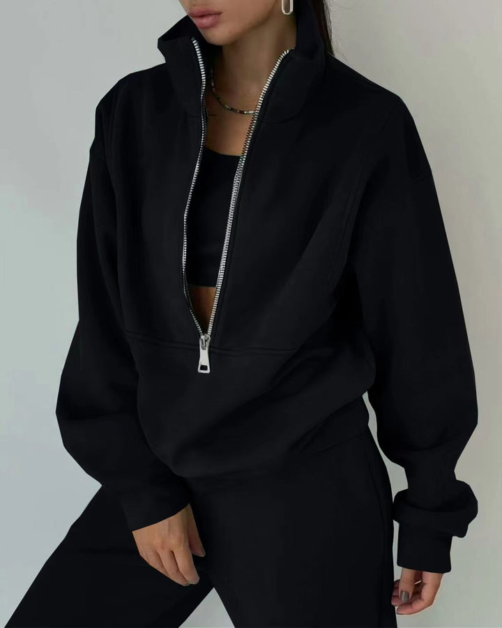 Women's Oversized Half-Zip Sweatshirt with Stand-Up Collar and Matching High-Waist Jogging Pants Mune Fashion