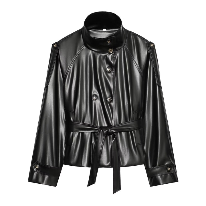 Women's Short Trench Blouson in Leather Look with Waist Belt, High Standing Collar, and Double Button Placket Drune