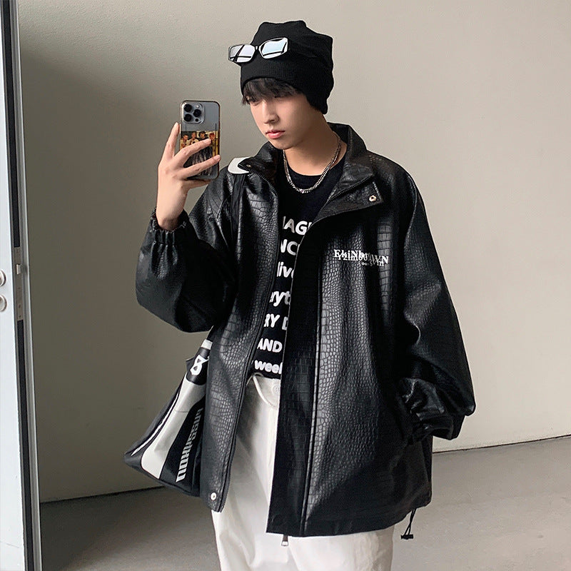 Men's Oversized Faux Leather Jacket with Crocodile Embossing and Back Logo Mune Fashion
