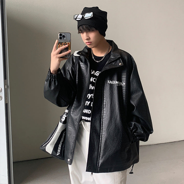 Men's Oversized Faux Leather Jacket with Crocodile Embossing and Back Logo Mune Fashion