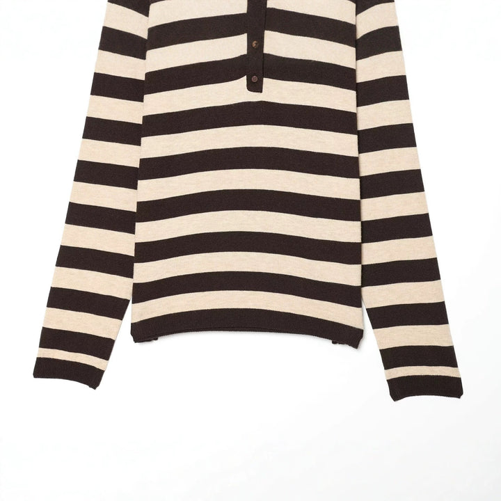 Women Striped Fine Knit Polo with Button Placket and Shirt Collar Mune Fashion