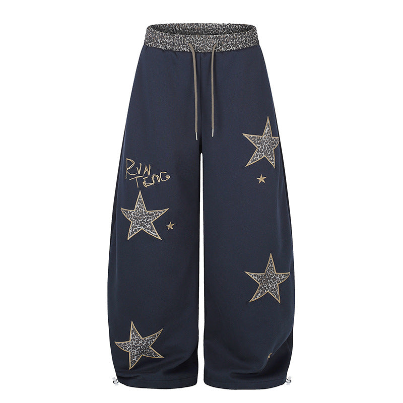 Women's Extra Wide Palazzo Sweatpants with Leo Waist, Star Appliqués and Drawstring Mune Fashion