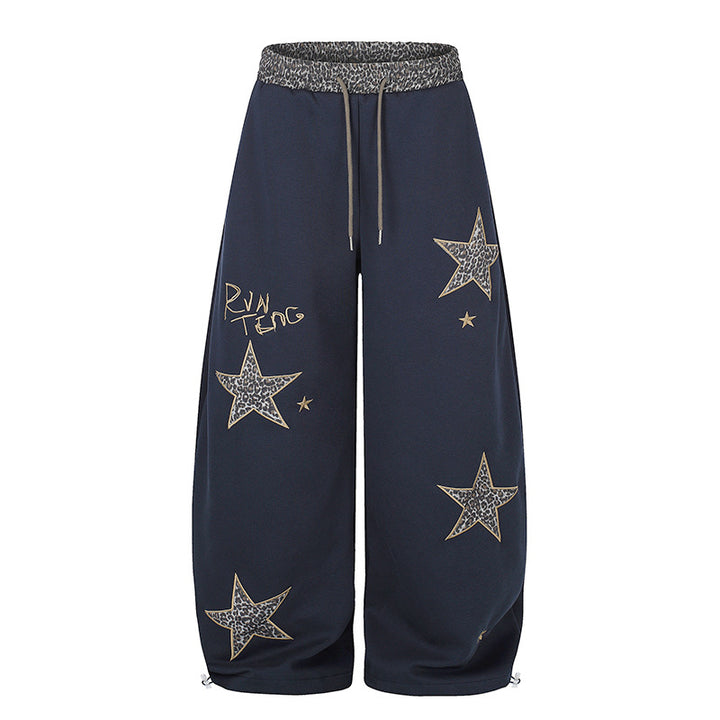 Women's Extra Wide Palazzo Sweatpants with Leo Waist, Star Appliqués and Drawstring Mune Fashion