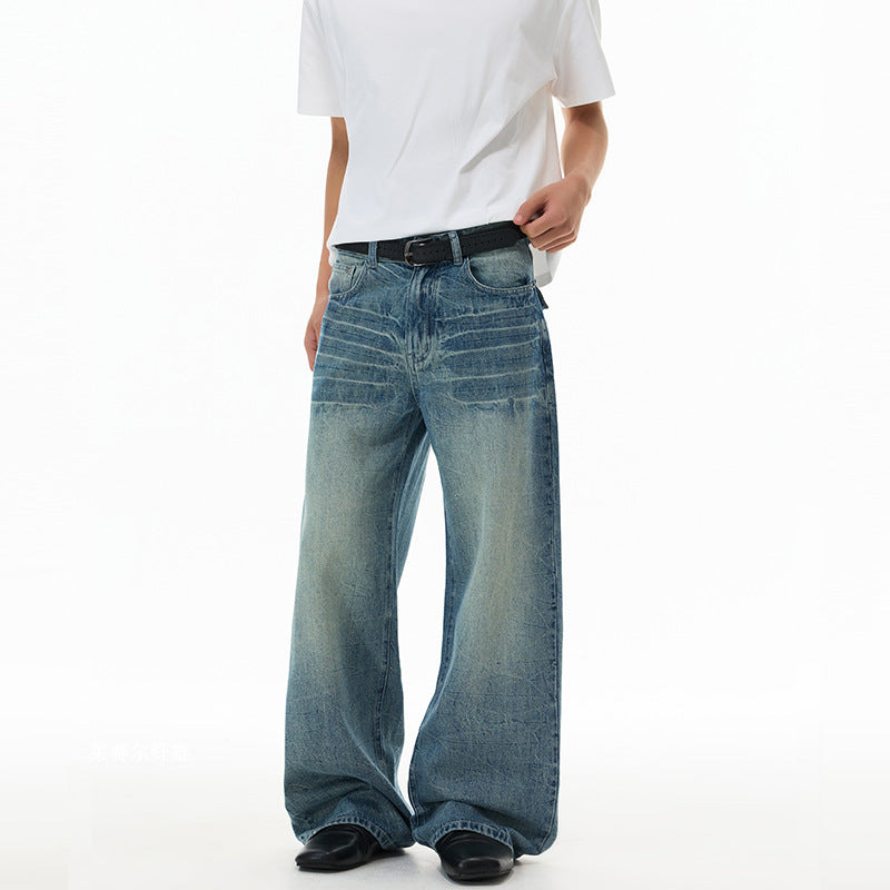 Men's ultra-wide cut denim baggy jeans with striking whisker accents and floor-length hem Mune Fashion