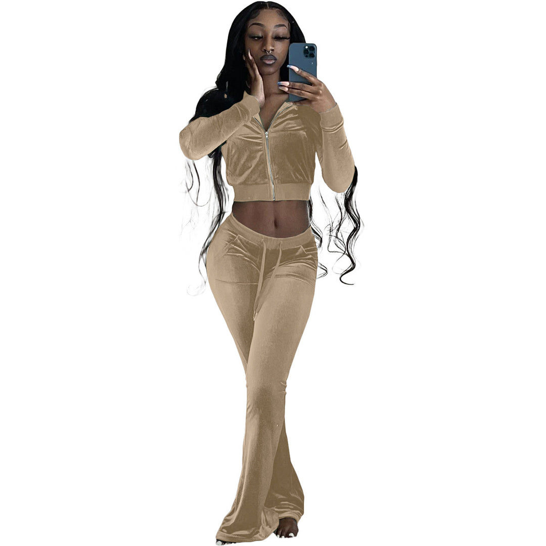 Women's Two-Piece Velvet Lounge Set with Cropped Zipper Hoodie and Flared Palazzo Pants EB