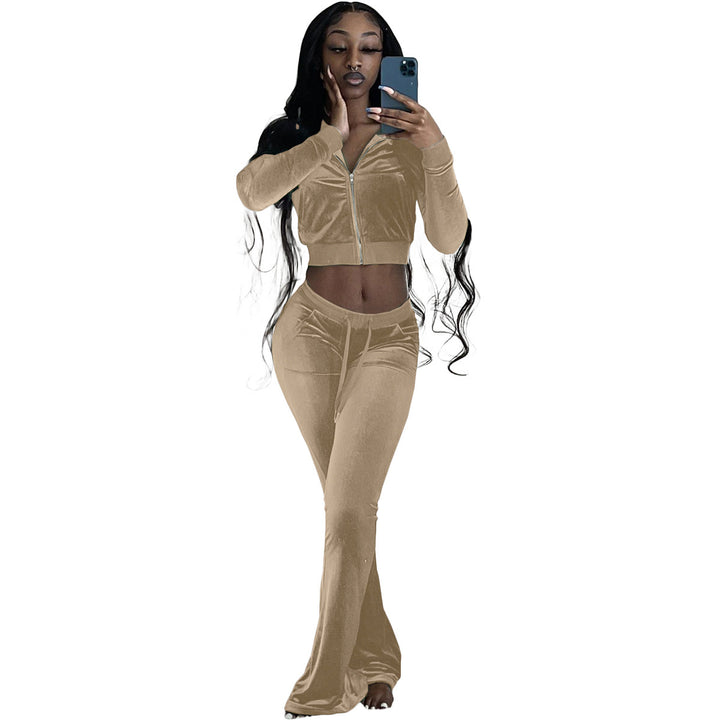 Women's Two-Piece Velvet Lounge Set with Cropped Zipper Hoodie and Flared Palazzo Pants EB