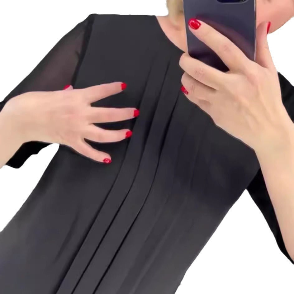 Ladies nan pleated sheath dress with knee-length silhouette and transparent three-quarter sleeves Mune Fashion