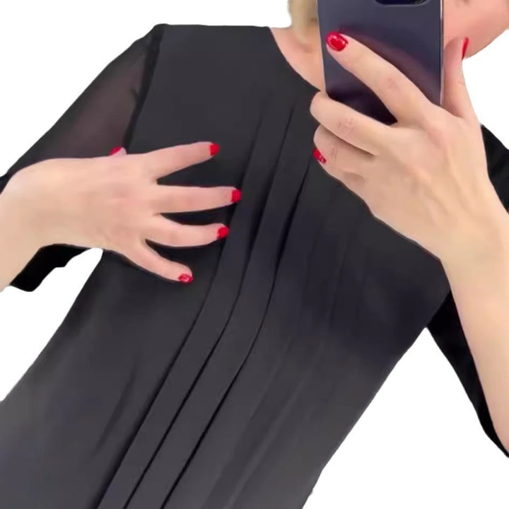 Ladies nan pleated sheath dress with knee-length silhouette and transparent three-quarter sleeves Mune Fashion