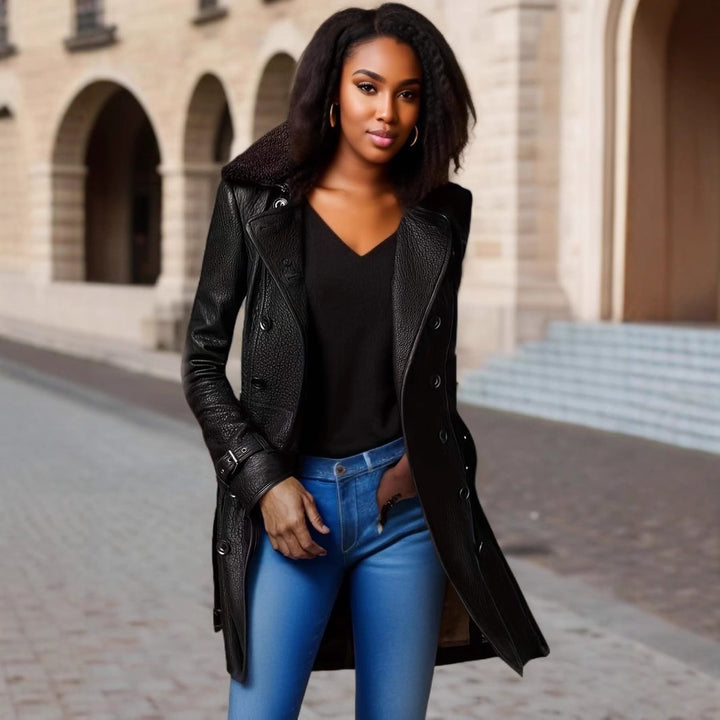 Women's long coat made of nappa leather with contrasting lambskin collar and tailored cut Mune Fashion