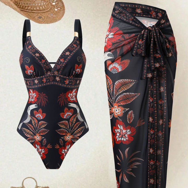 Women Colorful Printed Swimsuit with Matching Wrap Skirt Mune Fashion