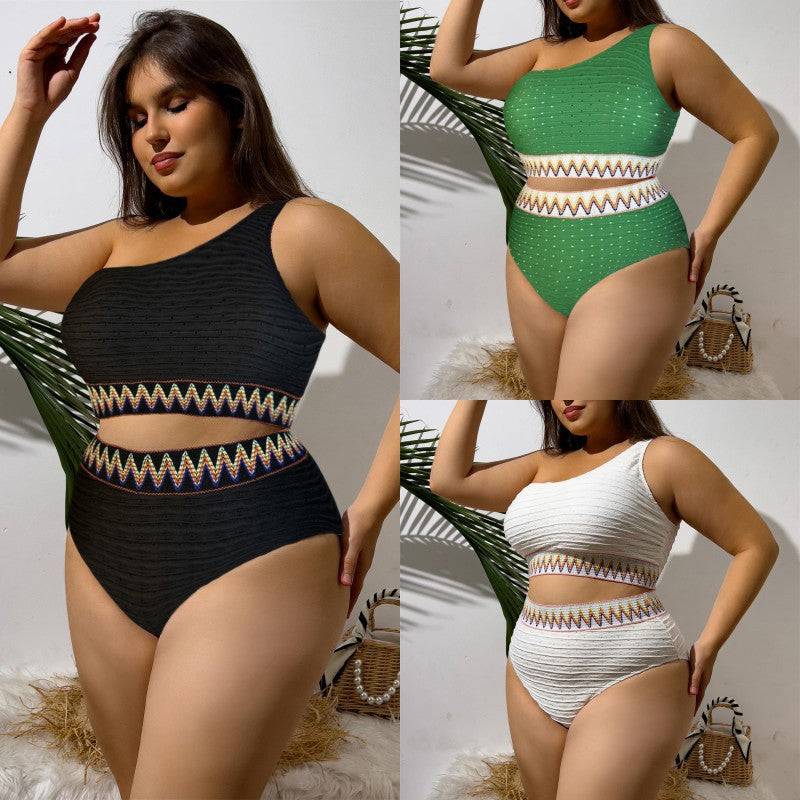 Ladies Sporty Two-Piece Swimsuit with Unique Cut-Out Design and Colorful Banner Pattern Mune Fashion