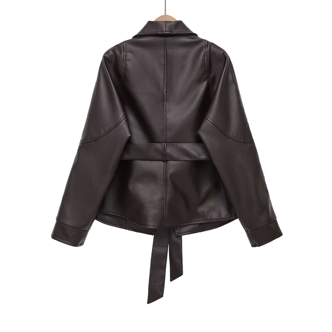 Ladies nan kastiger faux leather jacket with shawl collar, waist belt and textured surface Mune Fashion