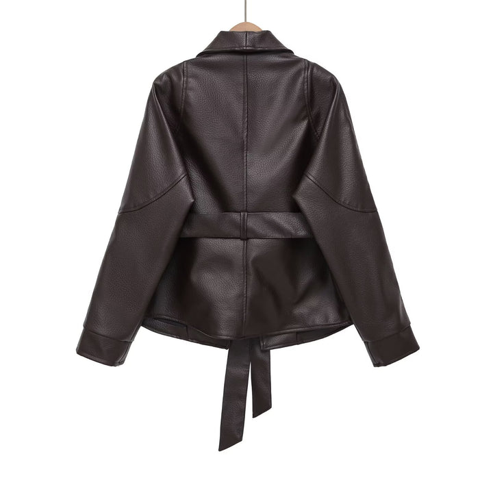 Ladies nan kastiger faux leather jacket with shawl collar, waist belt and textured surface Mune Fashion
