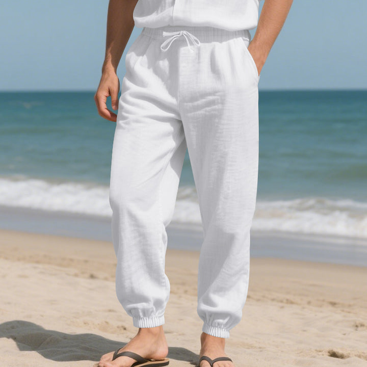 Men's Linen Look Lounge Pants with Elastic Waistband, Drawstring & Ribbed Ankle Cuffs Mune Fashion