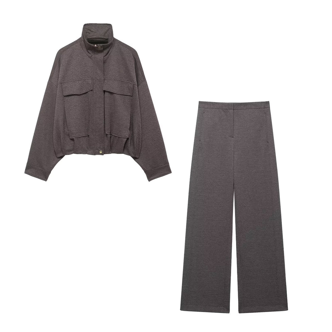 Women’s Two-Piece Set with Cropped Boxy Jacket with Stand-Up Collar and High-Waisted Wide Pants Mune Fashion