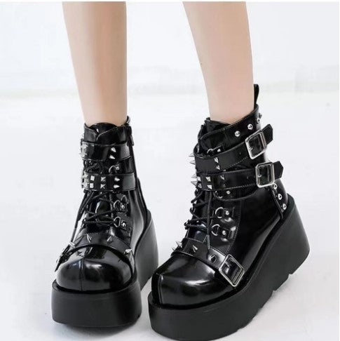 Women's Plateau Biker Ankle Boots with Wide Wedge Sole, Buckles, Chains and Cross Appliqués Mune Fashion