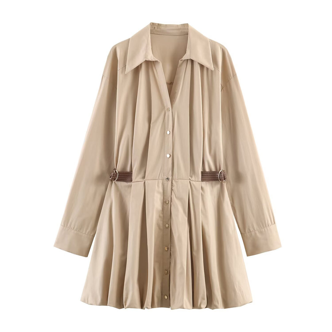 Women's Shirt Dress with Pleated Skirt and Side Decorative Straps Mune Fashion