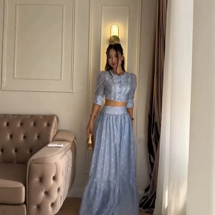 Women's Two-Piece Chiffon Set with Cropped Puff Blouse and Tiered Maxi Skirt Mune Fashion
