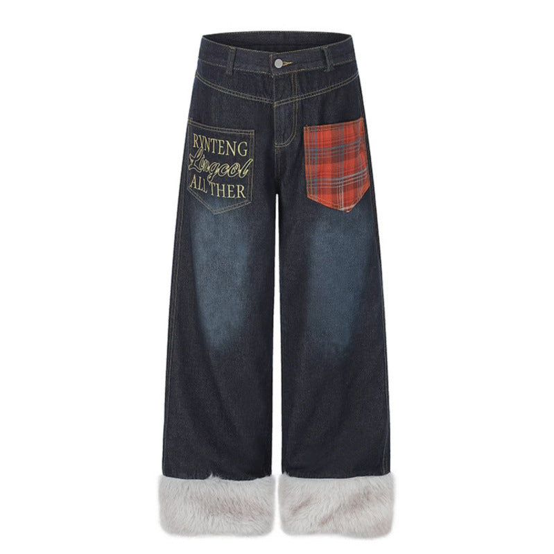 Women wide high-cut denim palazzo pants with check patch pocket and faux fur trim at hem Mune Fashion