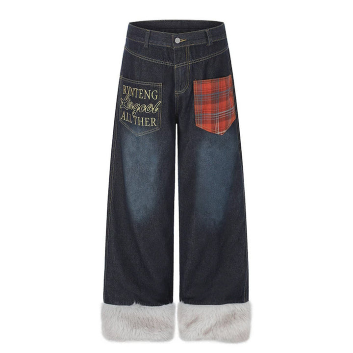 Women wide high-cut denim palazzo pants with check patch pocket and faux fur trim at hem Mune Fashion