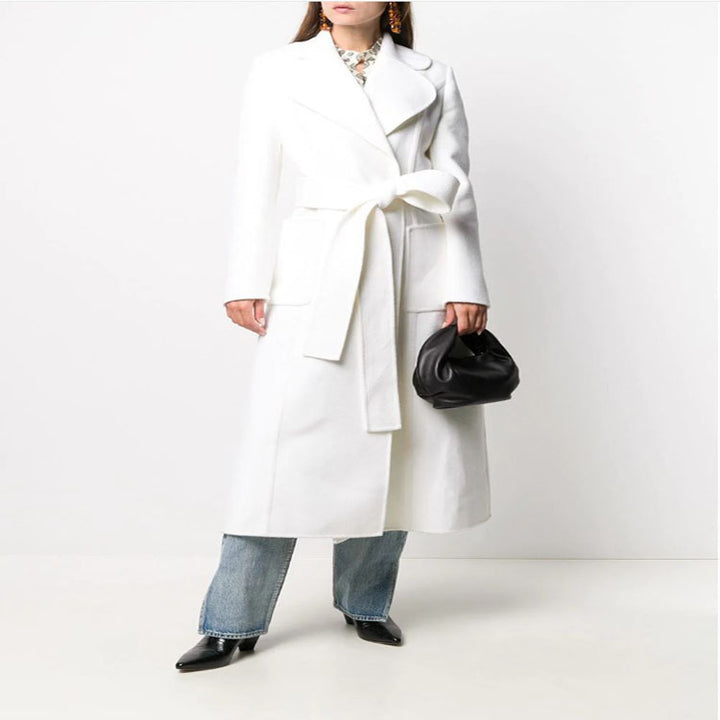 Women’s Floor-Length Wrap Coat made of Wool-Cashmere Blend with Wide Shawl Collar and Large Patch Pockets Mune Fashion