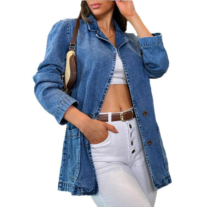 Women tailored denim jacket with stand-up collar, four flap pockets and slightly flared hem Mune Fashion