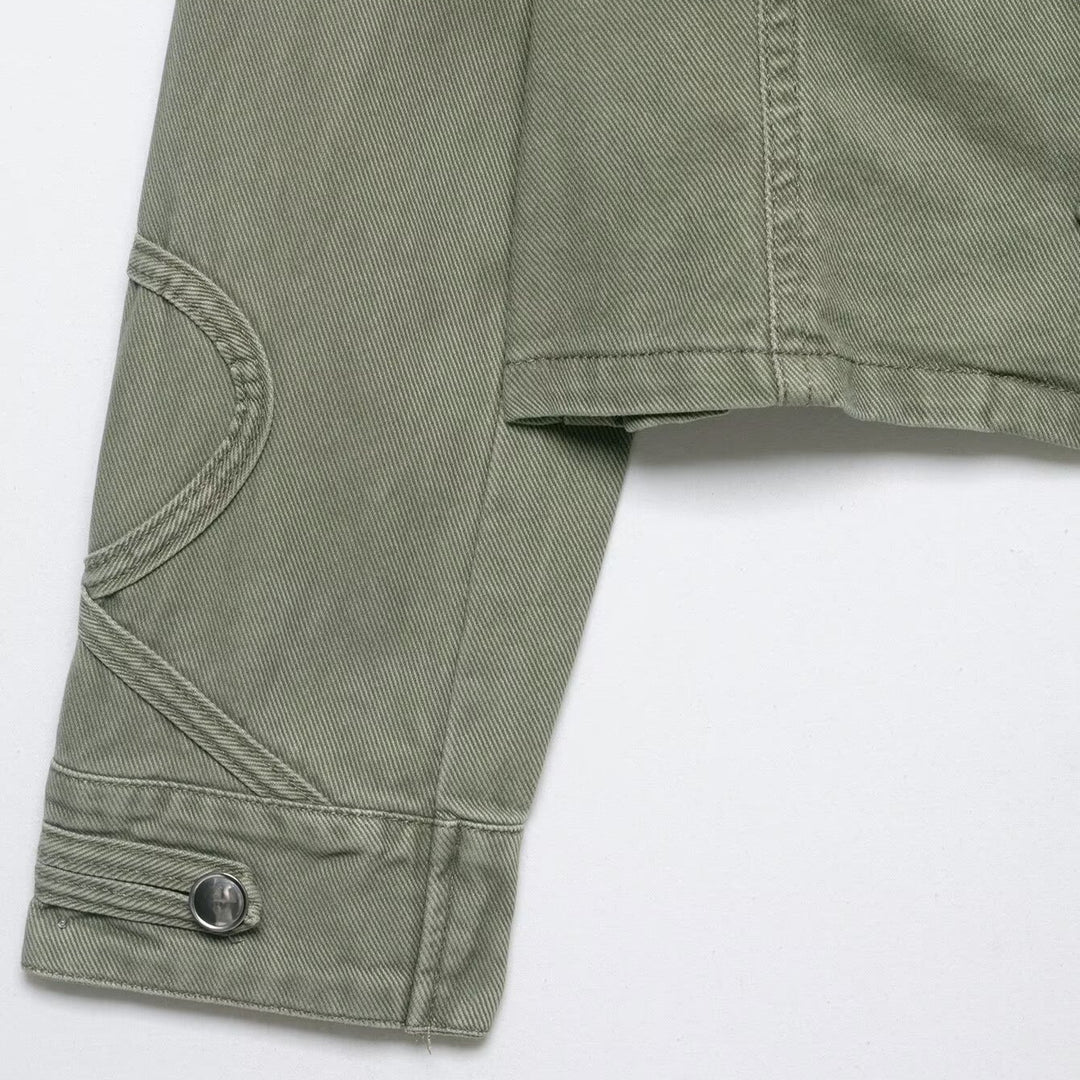 Women's short jacket in military look with stand-up collar, decorative flaps, and quilted sleeve patches Mune Fashion