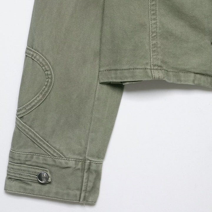 Women's short jacket in military look with stand-up collar, decorative flaps, and quilted sleeve patches Mune Fashion
