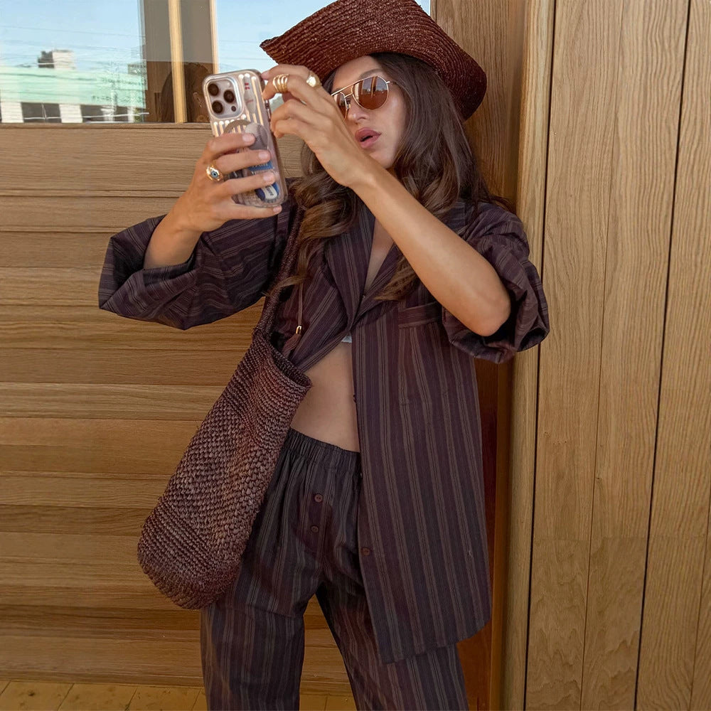 Women's Oversized Striped Blazer Set with Relaxed Linen Blend Pants Mune Fashion