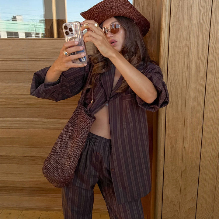 Women's Oversized Striped Blazer Set with Relaxed Linen Blend Pants Mune Fashion