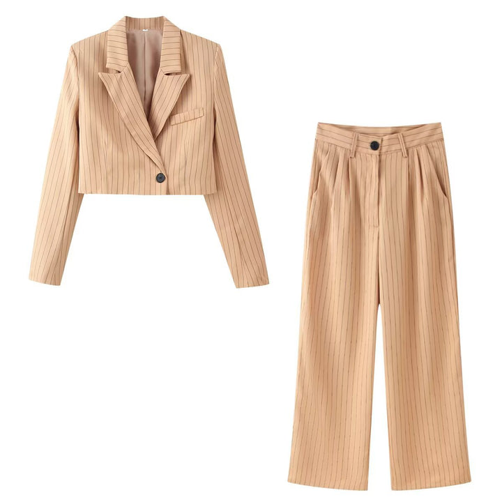 Women's Two-Piece Pinstripe Short Blazer with High-Cut Wide Pants Mune Fashion