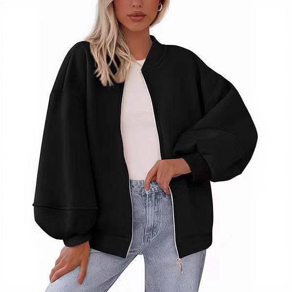 Women's Oversize Bomber Jacket with Balloon Sleeves and Zipper
