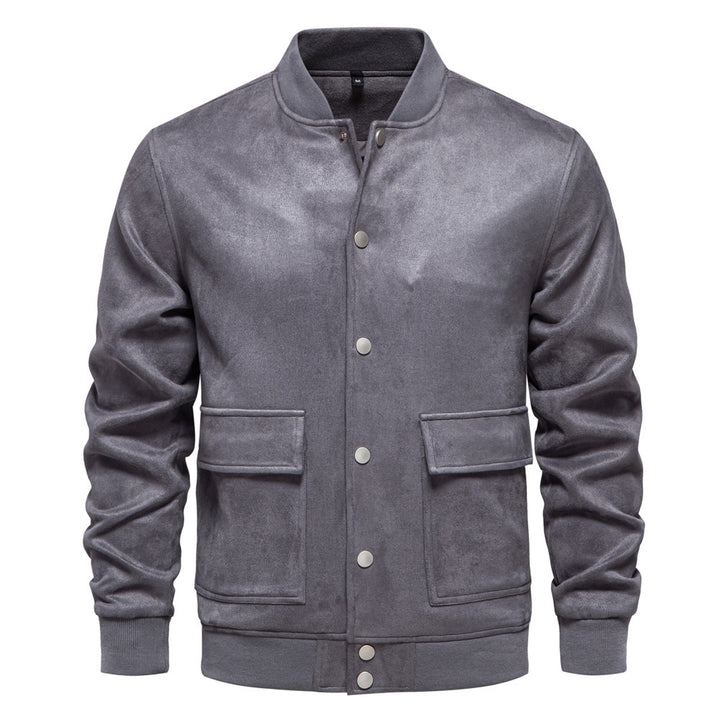 Men's suede-look college jacket with snap button closure, flap pockets and ribbed hem Mune Fashion