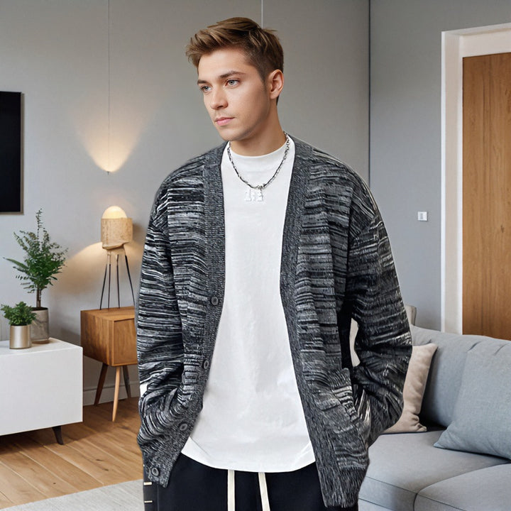 Men's Loose Melange Oversized Knit Cardigan with Button Placket and Patch Pockets Mune Fashion