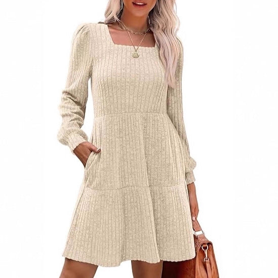 Women's Knitted A-Line Mini Dress with Square Neckline, Tiered Skirt and Pockets Drune