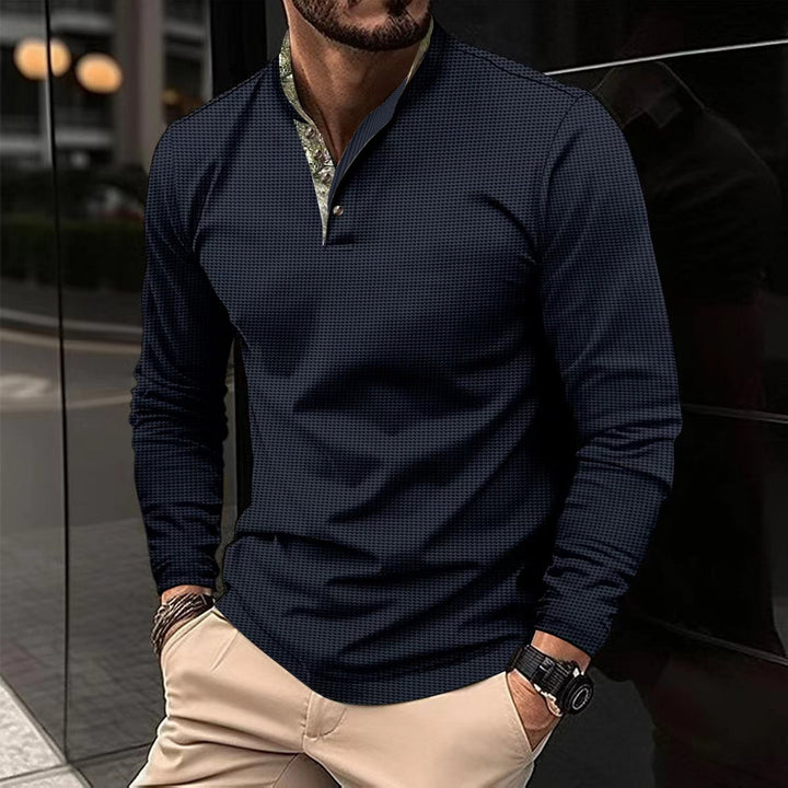 Men's long-sleeved Henley polo shirt with stand-up collar, fine texture, and patterned inner collar Mune Fashion