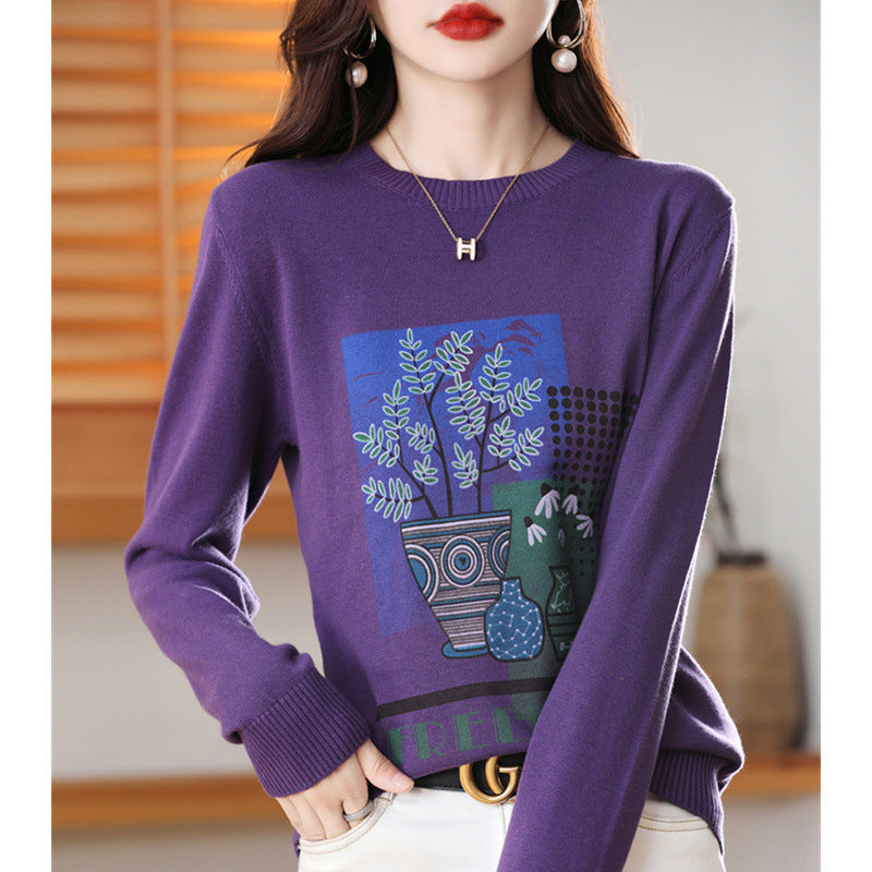 Women’s Lightweight Round Neck Sweater with Graphic Plant Print and Fine Knit Mune Fashion
