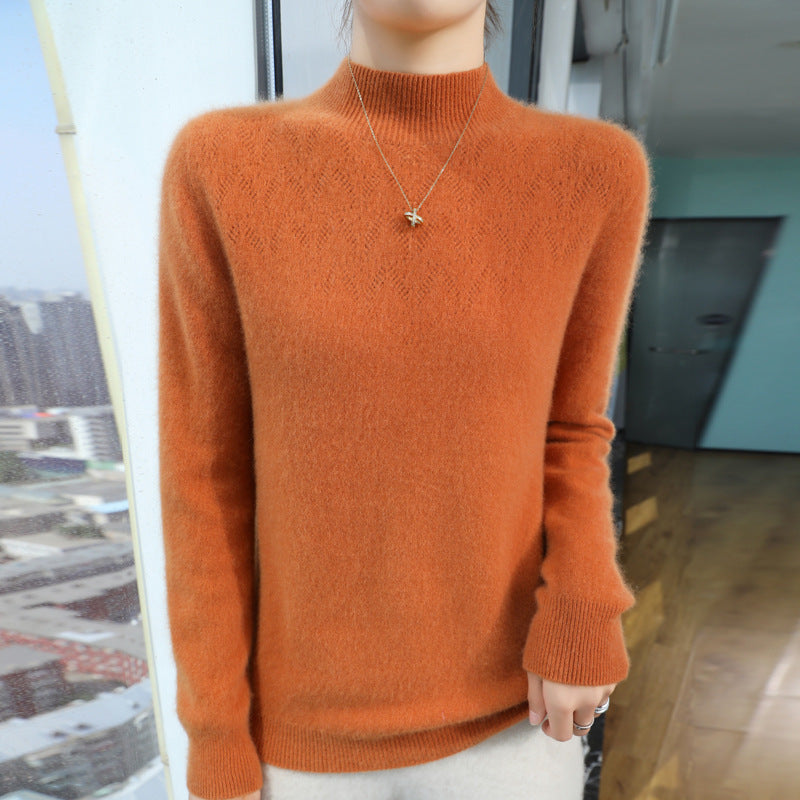 Women Slim Minimalist Stand Collar Fine Knit Sweater with Ribbed Neck Mune Fashion
